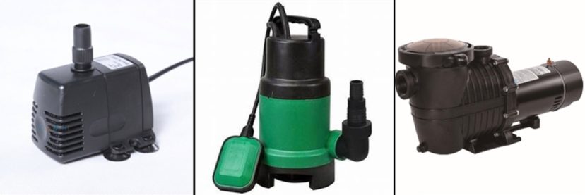 A small and large submersible pump and an inline water pump.
