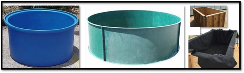 Materials you can use to build fish tanks including a plastic round tub, fiberglass liner, a wooden box with a liner material.